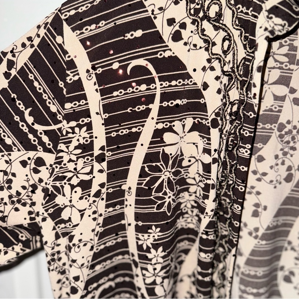 AKA Women's Duster Cardigan Sheer Brown Beige Abstract Floral Print Size 2XL - Picture 6 of 10
